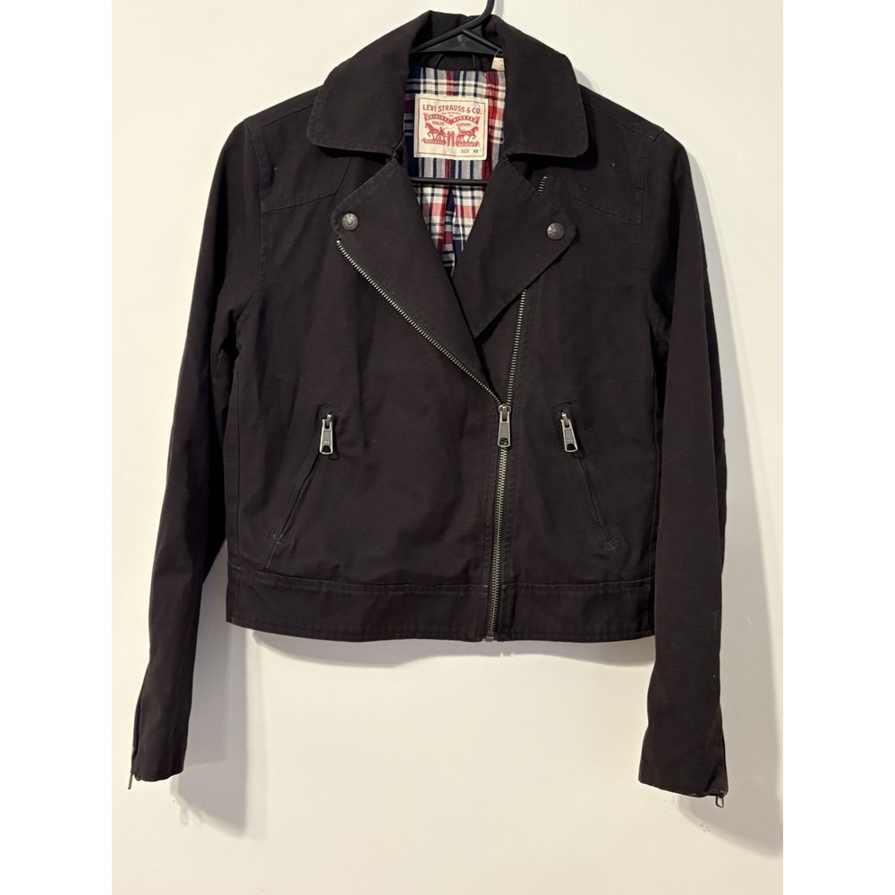 Levi Strauss Black Plaid-Lined Moto Jacket XS Asymmetrical Zip